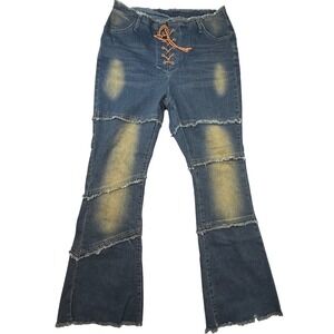 Lace Up Flare Jeans Blue Distressed Raw Edge Tiered Y2K Plus 2X hippie‎ boho